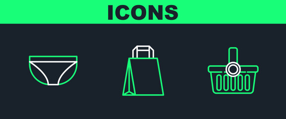 Poster - Set line Shopping basket, Underwear and Paper shopping bag icon. Vector