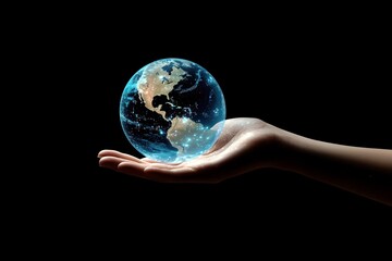 Poster - Human Hand Holding a Floating Glowing Earth Globe in Space, Symbolizing Global Connection, Technology, and Environmental Awareness