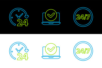 Poster - set line clock 24 hours, and laptop icon. vector