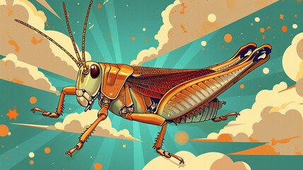 Poster - A vibrant, stylized illustration of a grasshopper soaring through a colorful sky.