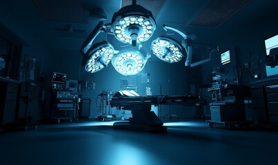 Empty operating room with surgical lights, medical equipment, and an operating table