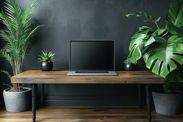 Poster - A modern workspace featuring a laptop on a rustic wooden desk complemented by lush greenery against a dark textured wall Minimalist and stylish