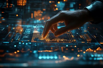 Aufkleber - Hand interacting with futuristic holographic interface showing data streams and digital information.
