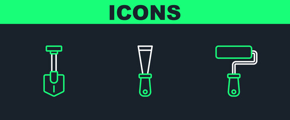 Poster - Set line Paint roller brush, Shovel and Putty knife icon. Vector