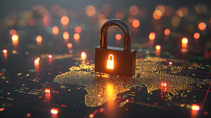 Poster - Cybersecurity concept  A glowing padlock sits atop a digital world map, symbolizing global data protection and online security.
