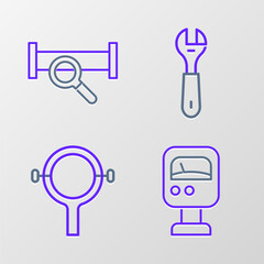 Aufkleber - Set line Pressure water meter, Filter wrench, Wrench spanner and Industry metallic pipe icon. Vector