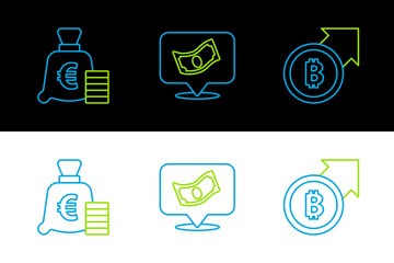 Poster - set line financial growth and bitcoin, coin money with euro symbol and stacks paper cash icon. vecto