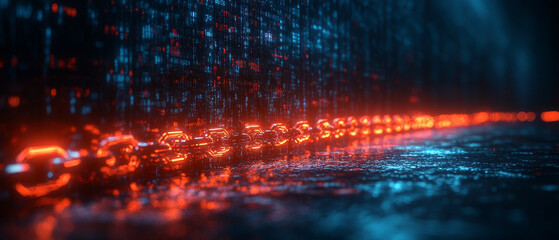 Poster - Cyber fortress with glowing chains and digital backdrop