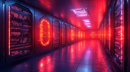 Wall Mural - cyberpunk server room with glowing red lights and technology