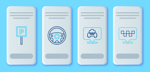 Poster - Set line Steering wheel, Location with taxi, Parking and icon. Vector