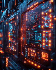 Poster - futuristic digital interface with glowing elements and data