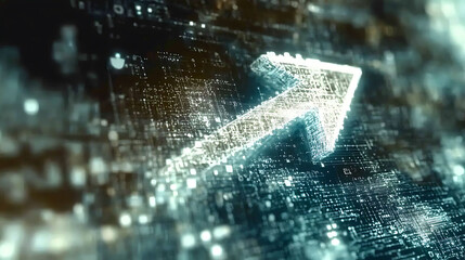 Poster - Stunning abstract image of a glowing upward arrow composed of digital particles, set against a complex, futuristic circuit board background.