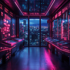 Poster - neon lit cyber security command center with city views