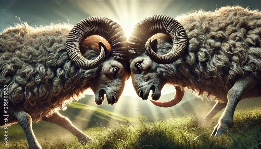 Angry Rams Clashing Heads on a Summer Meadow with Dramatic Lighting ...