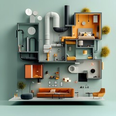 Poster - cutaway view revealing an intricate network of pipes tubes and wiring integrated within the walls an