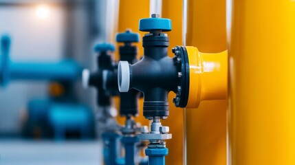 Poster - Detail of Industrial Pipeline Valve Equipment with Bright Yellow and Black Design