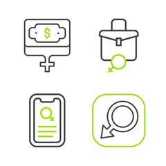 Poster - Set line Male gender, Dating app, Work for female and Money growth woman icon. Vector