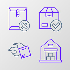 Poster - set line warehouse, carton cardboard box, ackage with check mark and delete envelope icon. vector