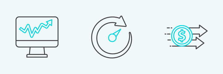 Poster - set line financial growth dollar, monitor with graph chart and digital speed meter icon. vector
