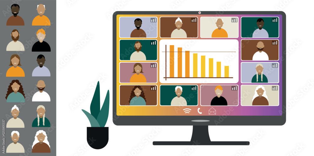Video call conference, working from home. Colleagues of different ...