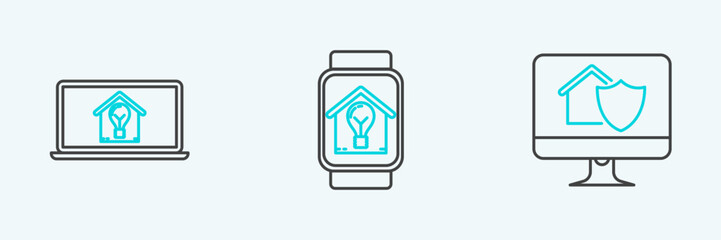 Poster - set line computer monitor with house under protection, laptop smart and light bulb and smart watch i