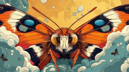 Poster - A vibrant illustration of a butterfly with exaggerated features amidst colorful clouds.