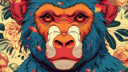Aufkleber - a vibrant illustration of a monkey surrounded by floral elements, showcasing bold colors.