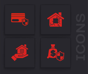 Poster - Set Money with shield, Credit card, House and in hand icon. Vector