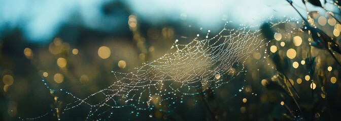 Water droplets on spider web texture composition background