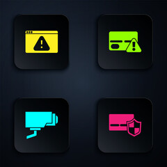 Poster - set credit card with shield, browser exclamation mark, security camera and . black square button. ve