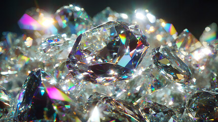 Poster - Multiple diamonds scattered on a black background with abstract surfaces resembling crystal formations