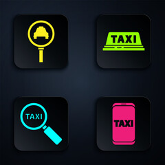 Poster - Set Taxi call telephone service, Magnifying glass and taxi car, Magnifying glass and taxi car and Taxi car roof. Black square button. Vector