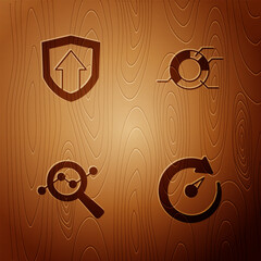Poster - Set Digital speed meter, Financial growth, Search data analysis and Pie chart infographic on wooden background. Vector