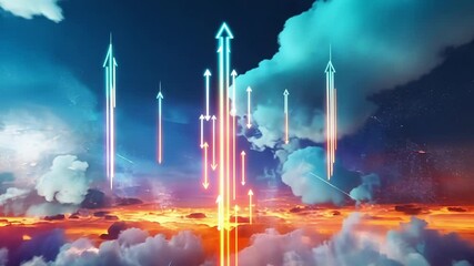 Poster - Multiple glowing arrows point upwards above a stunning cloudscape at sunset, representing growth, success, and achievement while inspiring hope and ambition for the future