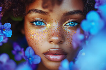 Wall Mural - Portrait of beautiful young woman with spring flowers and deep blue eyes. Healthy clean fresh skin natural glitter make up beauty products cosmetic eyes 