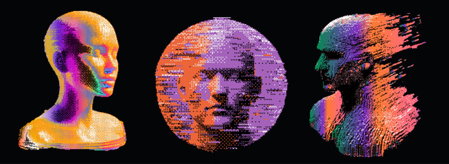 Aufkleber - Vibrant vector illustration featuring three abstract, multicolored human heads on a black background, showcasing modern digital art techniques with a blend of texture and dynamic composition