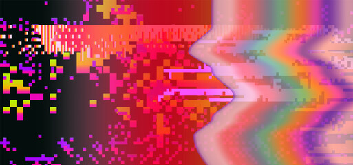 Poster - Vector illustration featuring a vibrant glitchy, abstract digital distortion with waves of pink, purple and green. Pixelated elements and a futuristic aesthetic create a striking visual effect.
