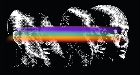 Aufkleber - Futuristic vector illustration of a human head in multiple exposures, pixelated in black and white. A vibrant glitchy rainbow stripe obscures the eyes, creating a cyberpunk digital distortion effect.
