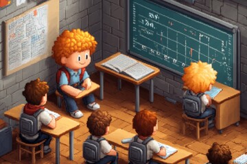 Poster - A pixelated 8-bit primary school scene with tiny students sitting at their desks and a smiling teacher