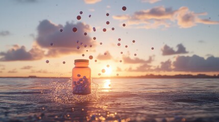 Sticker - A sunbeam pierces the water, highlighting a drifting pill bottle and pills swirling like tiny planets in zero gravity.