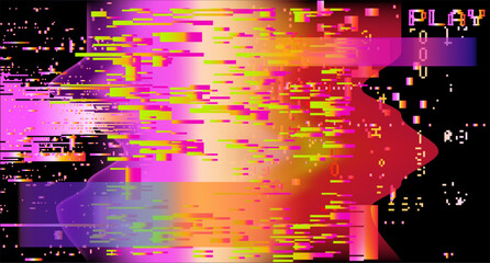 Poster - Vector illustration featuring a vibrant glitchy, abstract digital distortion with waves of pink, purple and green. Pixelated elements and a futuristic aesthetic create a striking visual effect.