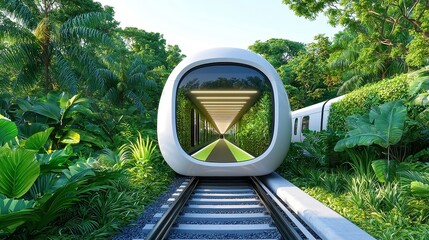 Poster - Underground Electric Train in Sustainable City, showcasing energy-efficient transport, modern architecture, vibrant urban life, green spaces, and innovative design elements.