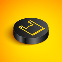 Poster - Isometric line Plastic bag icon isolated on yellow background. Disposable cellophane and polythene package prohibition sign. Black circle button. Vector