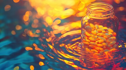 Sticker - A surreal close-up of water rippling around a floating medicine bottle, refracting the pills in a prismatic glow.