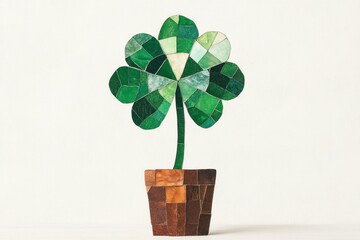 Poster - Abstract representation of a green four leaf clover made of mosaic tiles in a pot, symbolizing luck and nature, suitable for decoration and celebration