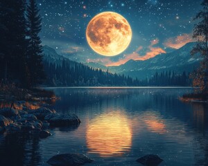  Cosmic Minimalist Surreal Scenery, Stunning Full Moon Reflection Over Serene Lake Night Landscape Nature