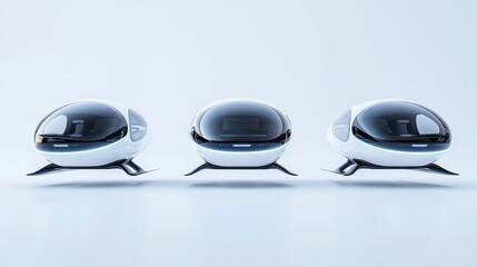 Poster - Futuristic eco-friendly aerial vehicles, designed for urban transport, featuring sleek designs, innovative technology, and a commitment to sustainability, soaring through clear skies.