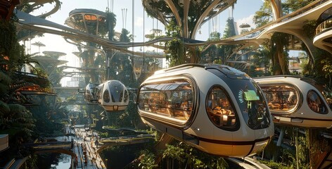 Poster - Futuristic Sustainable Cities, innovative urban environments integrating clean transportation and renewable energy, designed for a net-zero carbon footprint and enhanced livability