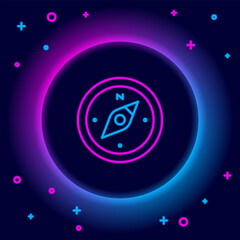 Fototapete - Glowing neon line Compass icon isolated on black background. Windrose navigation symbol. Wind rose sign. Colorful outline concept. Vector