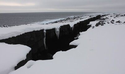 snowy volcanic rift with icicles near icy ocean, ideal for climate change visuals